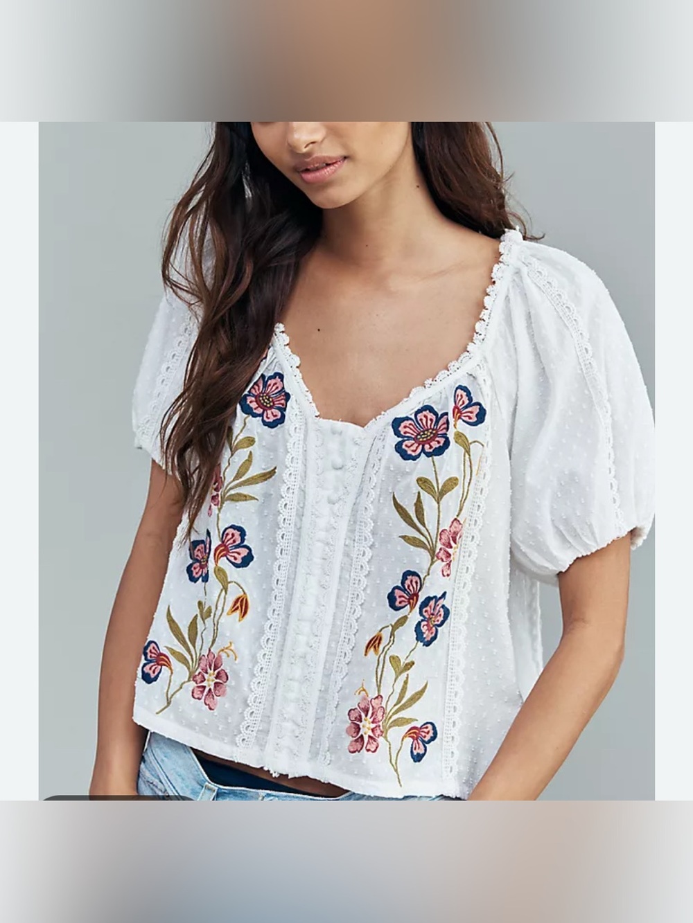 Anthropologie Cotton Embroidered Puff Sleeve Blouse size L